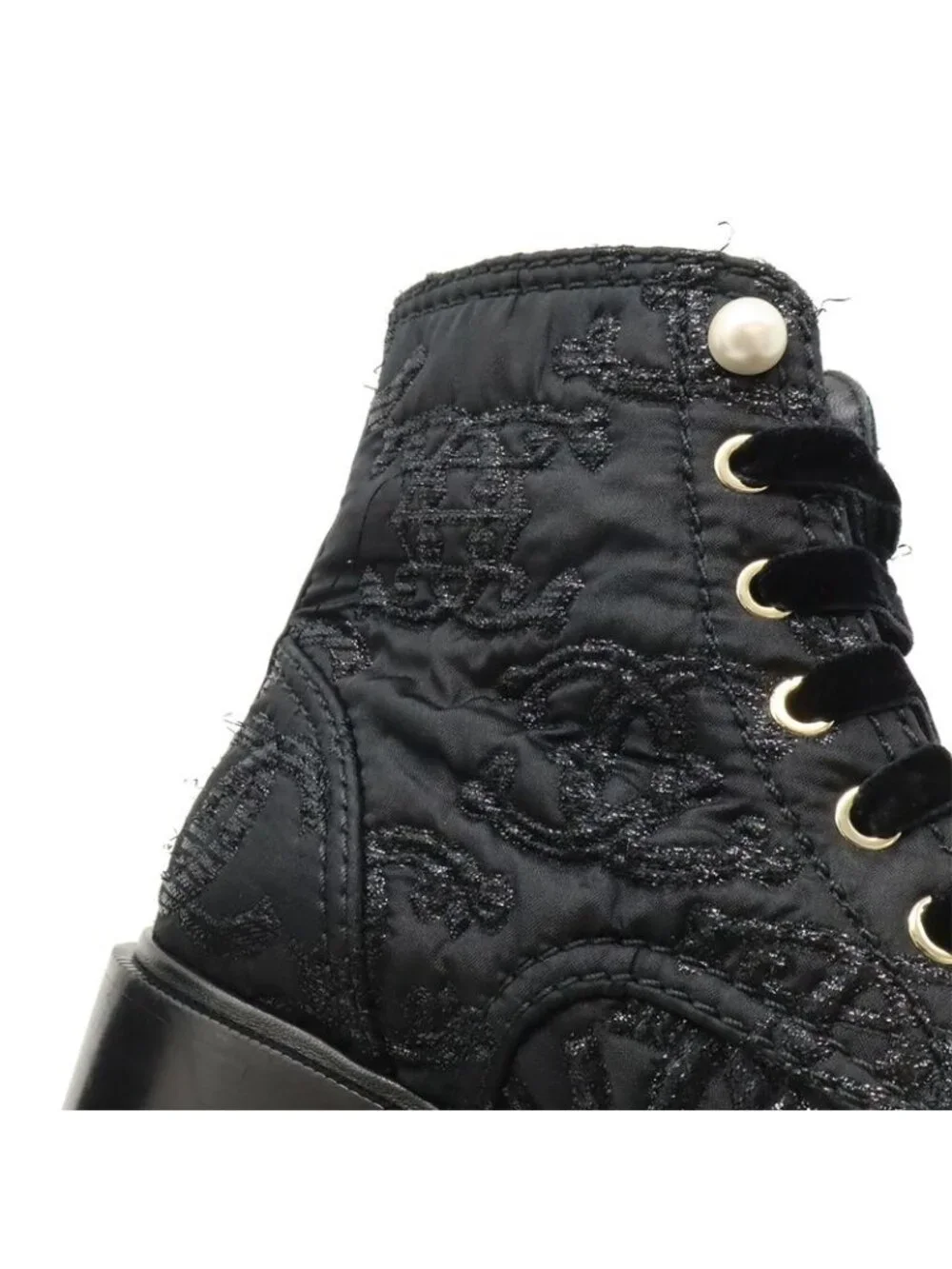 Chanel Coco Mark Short Boots Lace-Up Braided Fabric Pearl Black 38 C Size - Picture 6 of 9